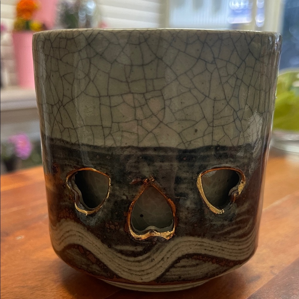 Handcrafted Ceramic Candle Holder - Gray and Brown